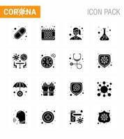 Corona-Virus 2019 und 2020 Epidemie 16 solides Glyphen-Schwarz-Icon-Pack wie verbotenes Wissenschaftsgesichtslabor tragen virale Coronavirus 2019nov-Krankheitsvektor-Designelemente vektor