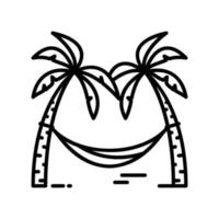ett ikon av en hängmatta hängd mellan två kokos träd i svart översikt stil vektor