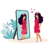 kvinna stående och ser i spegel. platt stil vektor illustration