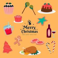 weihnachtsessen mit verschiedenen arten von essen von snacks bis zu schweren mahlzeiten mit lustigem farbvektorsatz