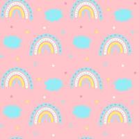 nahtloses muster mit niedlichem magischem regenbogen, wolken und sternen auf rosa hintergrund. design für textilien, textur, stoffe, tapeten, verpackungen, geschenkpapier. vektor