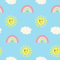 sömlös mönster med söt Sol, regnbåge och moln på blå bakgrund. design för textilier, textur, tyger, tapet, förpackning papper. vektor