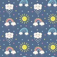 nahtloses muster mit sternen, kawaii sonne, kawaii wolke und magischen regenbögen auf blauem hintergrund. design für textilien, textur, stoffe, tapeten und verpackungspapier. vektor