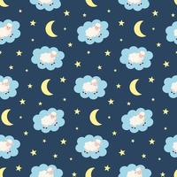 Nahtloses Muster mit süßen Lämmern in Wolken, Sternen und Mond auf dunkelblauem Hintergrund. design für textilien, textur, stoffe, tapeten, verpackungen, geschenkpapier. vektor