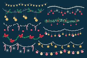 uppsättning av jul girlanger. ljus och färgrik ritad för hand jul dekoration. vektor jul godis, mistelar, snöflingor, stjärnor och gran träd.
