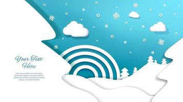 Weihnachtsschneeflocken mit Wolken. Papercut-Hintergrund mit Grußtext. Vektor-Illustration. kostenloser Vektor