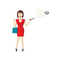 flicka i röd klänning framställning selfie med en pinne ikon vektor