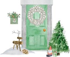 aquarellgrüne haustürillustration mit weihnachtskranz an der tür im winter, kunstillustration gemalt mit wasserfarben isoliert auf weißem hintergrund vektor