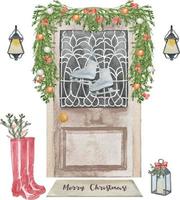 vattenfärg jul brun främre dörr illustration. jul krans på de dörr i vinter, konst illustration målad med akvareller isolerat på vit bakgrund vektor