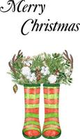 Aquarell-Weihnachtsgummistiefel mit Tannenzweigen und Blumen. Weihnachtsgrüne und rote Regenstiefel für Wellington-Regenstiefelbildgeschenke. Urlaubseinladung mit Gummistiefeln und Tannenzweigen. vektor