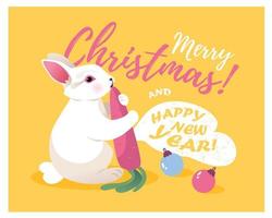süßes Kaninchen mit einer Karotte. grußkarte für weihnachten und neujahr mit einem kaninchen. Vektor-Illustration. vektor