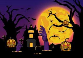 vektor illustration halloween silhuett med element träd, full månar, slott, pumpor, begravningar, fladdermöss.