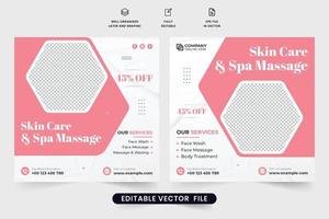 spa massage och hudvård behandling PR affisch design med rosa och mörk färger. skönhet Centrum företag annons mall vektor med Foto platshållare. kropp behandling service mall.