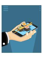 Isometrisches flaches vektorkonzept 3d von, restaurant- und café-online-lebensmittelbestellungs-app mit smartphone. geeignet für Diagramme, Infografiken und andere grafische Elemente vektor