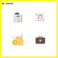 Stock Vector Icon Pack mit 4 Zeilenzeichen und Symbolen für das Gesundheitswesen, Währung, Chat, Musik, Geld, editierbare Vektordesign-Elemente