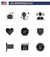 9 usa solides glyphenpaket von unabhängigkeitstag zeichen und symbolen der amerikanischen sportflagge ballflagge editierbare usa-tag-vektordesignelemente vektor