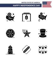 Packung mit 9 kreativen usa-Unabhängigkeitstag-bezogenen soliden Glyphen von amerikanisch-amerikanischen Kirchenglocken-Videomovis editierbare usa-Tag-Vektordesign-Elemente vektor