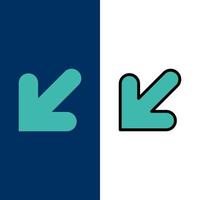 Pfeil nach unten links Symbole flach und Linie gefüllt Symbolsatz Vektor blauen Hintergrund
