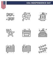Happy Independence Day Pack mit 9 Zeilen Zeichen und Symbolen für Kinoflagge alkoholische amerikanische Flüssigkeit editierbare usa-Tag-Vektordesign-Elemente vektor