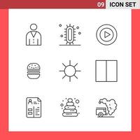9 Icon Pack Line Style Umrisssymbole auf weißem Hintergrund einfache Zeichen für die allgemeine Gestaltung kreativer schwarzer Icon-Vektor-Hintergrund vektor