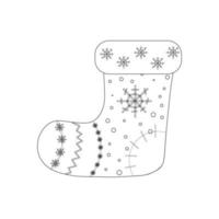 Schwarz-Weiß-Weihnachtssocke mit Schneeflocken und geometrischem Muster auf weißem Hintergrund. Färbung. Neujahr. Illustration. vektor