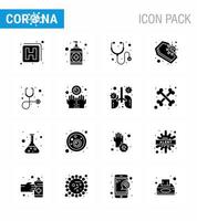 16 Solid Glyph Black Virus Corona Icon Pack wie Stethoskop Diagnose medizinischer Schädel Tod virales Coronavirus 2019nov Krankheitsvektor Designelemente vektor