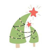 två söt Lycklig älskare jul träd par. linje hand dragen glad xmas och Lycklig ny år Färg isolerat illustration för de firande av vinter- högtider vektor