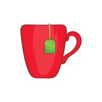 röd kopp med te väska ikon, tecknad serie stil vektor
