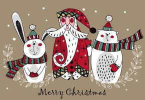 weihnachtskarte mit weihnachtsmann und wintertieren hase und bär. Doodle-Stil. Vektor. vektor
