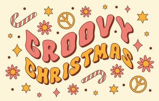 grooviger horizontaler weihnachtshintergrund. Retro-Vintage-Banner im Stil der 60er, 70er Jahre. welliger text, gänseblümchenblumen, süßigkeiten und friedenssymbol auf beigem hintergrund. trendige vektorillustration vektor