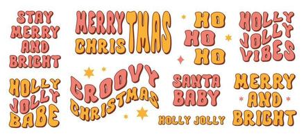 retro häftig jul uppsättning av festlig fraser och slagord isolerat på en vit bakgrund. santa bebis, järnek glad vibrafon, ho ho hej, glad och ljus. vektor illustration i stil 60-tal, 70s