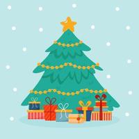 jul träd med gåvor, krans och stjärna på topp på blå bakgrund vektor