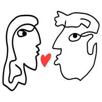fortlaufende Kunstillustration eines verliebten Paares, Modedruck mit abstraktem Gesicht von Mann und Frau, modernes Design für die Postkarte zum Valentinstag, Porträt im minimalistischen Stil, einzeilige Vektorzeichnung vektor