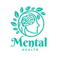 Logo für psychische Gesundheit mit Gehirn und grünen Blättern. Vektorkonzept für Krankenhaus, menschlicher Kopf. Anatomie des menschlichen Gehirns vektor