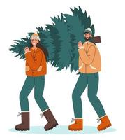ung kvinna och man i värma vinter- kläder bärande stor jul tall träd tillsammans för Semester säsong. platt vektor illustration.