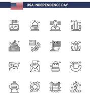 Happy Independence Day Pack mit 16 Zeilen Zeichen und Symbolen für den Ort USA USA Sehenswürdigkeit Wahrzeichen editierbare USA-Tag-Vektordesign-Elemente vektor