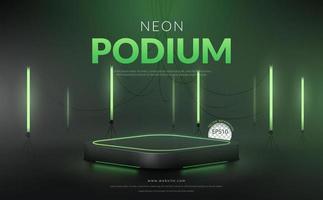 grön neon podium med grön fluorescerande rör bakgrund, vektor illustration