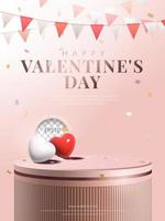 rosa lyxig podium med röd, vit hjärta kärlek symbol på rosa blackground. 3d realistisk vektor illustration