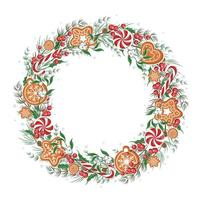 Weihnachtskranz. grüne Tanne, Zweige, rote und weiße Beeren, Kekse und Süßigkeiten. Grußkartenvorlage für den Winterurlaub. Vektor-Illustration. vektor