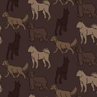 teckning med annorlunda hundar i annorlunda poserar. grafisk ritningar av hundar med fläckar på en mörk bakgrund. Allt nyanser av brun. lämplig för utskrift på papper och textilier. gåva omslag, Kläder vektor