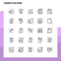 Set von Sommer-Essen, Getränken, Liniensymbolen, 25 Symbolen, Vektor, Minimalismus, Stil, Design, schwarze Symbole, lineares Piktogrammpaket vektor