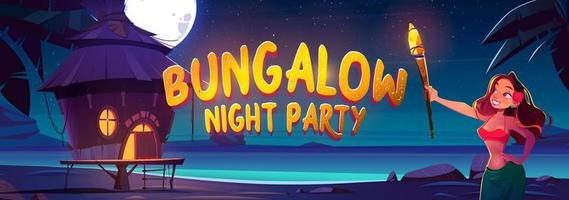 bungalow nacht partybanner mit frau und meer vektor