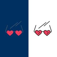 glasögon kärlek hjärta bröllop ikoner platt och linje fylld ikon uppsättning vektor blå bakgrund