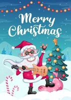 Weihnachtsgrußkarte. cooler weihnachtsmann mit e-gitarre und schwarzer brille. Cartoon-Vektor-Illustration. Winterhintergrund mit Weihnachtsbaum vektor