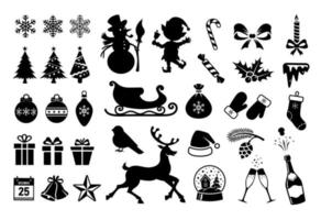 Weihnachtssymbole. Weihnachtsschattenbilder lokalisiert auf weißem Hintergrund. Vektor-Winter-Aufkleber. schneeflocken, weihnachtsbaum, kugeln, flasche, vektorsilhouetten von elf, schneemann, hirsch. großes Weihnachtsset vektor