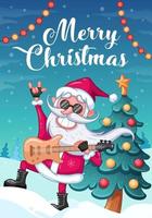 jul hälsning kort. Häftigt santa claus med elektrisk gitarr och svart glasögon. tecknad serie vektor illustration. vinter- bakgrund med jul träd