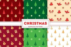 nahtlose mustersammlung für weihnachten. ikonen und silhouetten von weihnachtskugeln, weihnachtsbäumen, schneeflocken und süßigkeiten. farbenfrohe Illustrationen von Glocken, Geschenkboxen und Schleifen. weihnachtliche Texturen