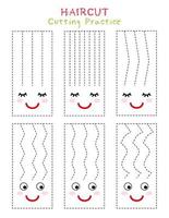 Schneidübungsarbeitsblatt für Kinder. lustige Haarschnitt-Aktivität. Scherenübungen. Feinmotorik. pädagogisches Vorschulspiel vektor