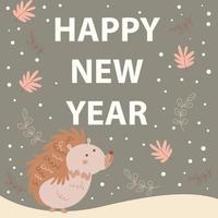 söt igelkott hälsning Lycklig ny år tecknad serie platt stil klotter kort bakgrund illustration vektor