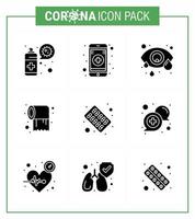 9 Solid Glyph Black Coronavirus Epidemic Icon Pack suck as Pills Capsule Eye Care Roll Virus Coronavirus 2019nov Disease Vector Design Elements